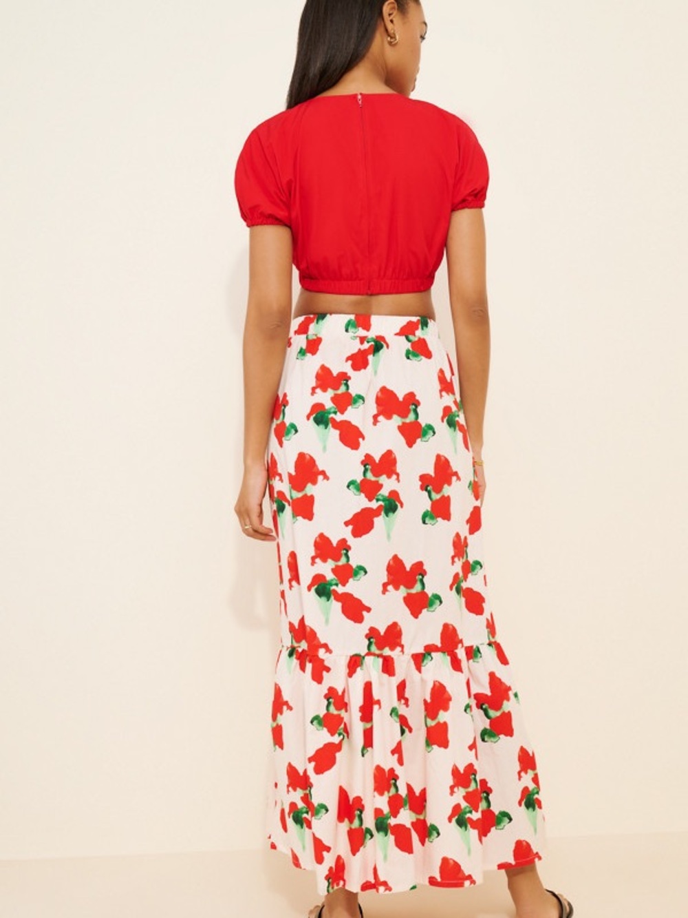 Anthropologie Lulo Project Maxi Skirt Pale Pink w/Red & Green Floral Large - Picture 4 of 4